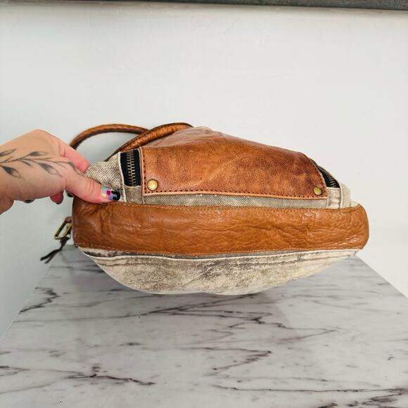 Mona B Tan Canvas And Leather Satchel Shoulder Bag - Picture 6 of 10